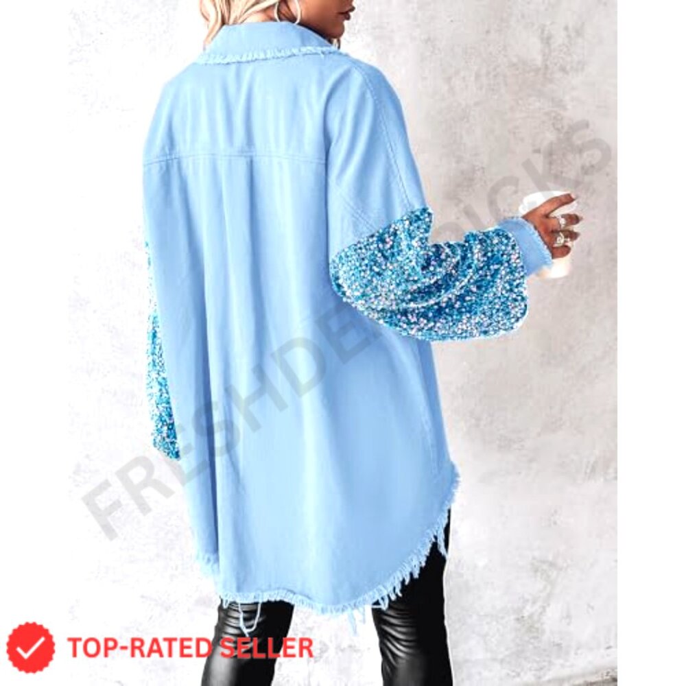 Oversized Denim Shacket Sequin Patchwork Long Sle… - image 2